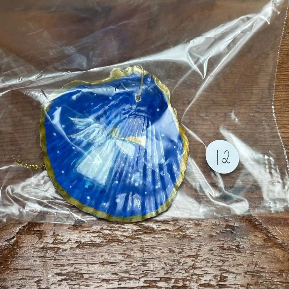 Hand-Painted Angel Shell Ornament Blue Gold Trim Christmas